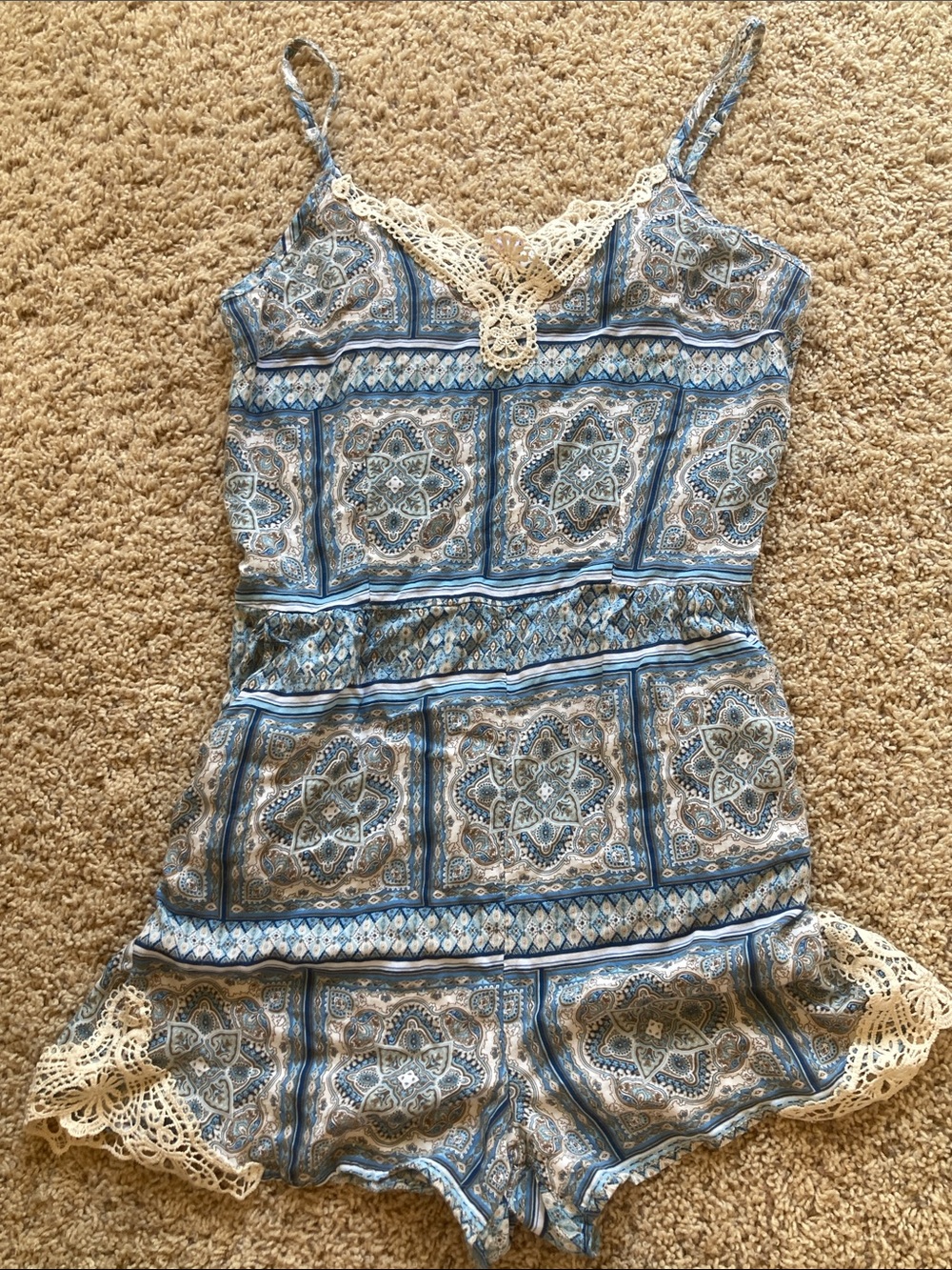Alya Blue Paisley Lace-Trim Camisole Romper